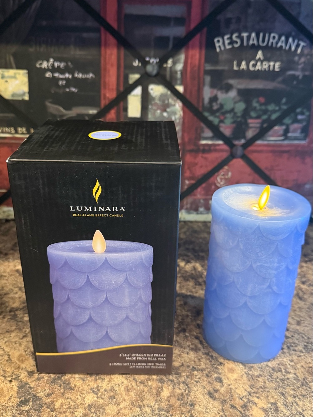 Luminara Cornflower Blue Real-Flame Effect Scalloped Pillar Candle